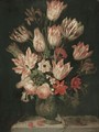 A Still Life Of Tulips And Other Flowers In A Vase On A Marble Ledge, With A Green Lizard - Jacob Marel