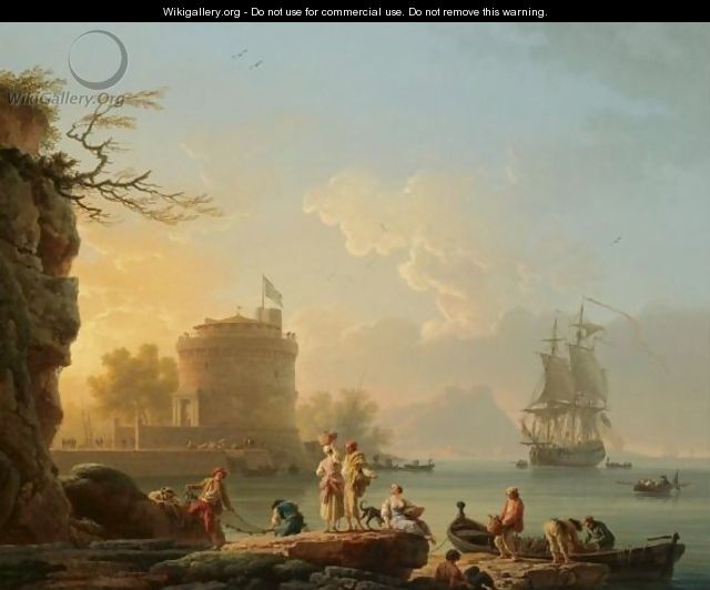 A Mediterranean Harbour Scene At Sunset, With Fishermen Unloading Their Catch Before A Round Fortress, A Man-Of-War At Anchor Beyond - Claude-joseph Vernet