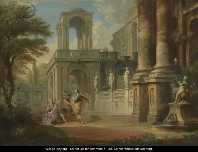 An Architectural Capriccio With Two Soldiers Addressing A Young Man, Figures On A Balcony Beyond - Giovanni Paolo Panini