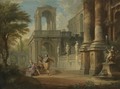 An Architectural Capriccio With Two Soldiers Addressing A Young Man, Figures On A Balcony Beyond - Giovanni Paolo Panini