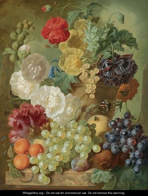 A Still Life With Hollyhocks, Poppies, An Anemone, Other Flowers And White-Currants In A Terracotta Vase - Jan van Os