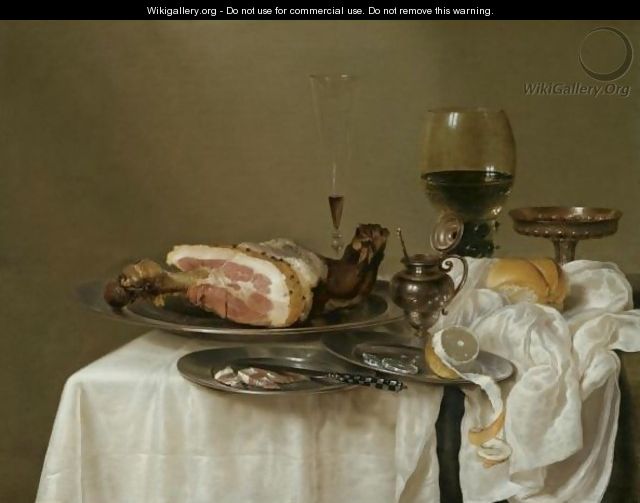 A Still Life With A Roemer, A Silver Tazza, A Fluted Wine-Glass, A Mustard Jar, A Ham And A Partly Peeled Lemon On Pewter Dishes - Willem Claesz. Heda