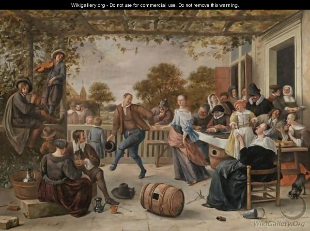 A Terrace With A Couple Dancing To A Pipe And Fiddle, Peasants Eating And Merrymaking Behind - Jan Havicksz. Steen