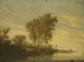 River Landscape With Fishermen Setting Out Their Nets, A Ferry Beyond - Salomon van Ruysdael