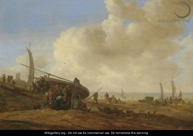 A Beach Scene, Possibly At Egmond-Aan-Zee, With Figures Pushing Off An Unrigged Fishing Pink - Jan van Goyen