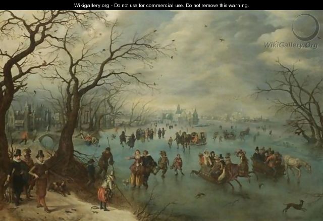 A Winter Landscape With Figures Skating On A Frozen River, Prince Maurits Of Orange-Nassau With A Hunting Party In The Foreground - Adriaen Pietersz. Van De Venne