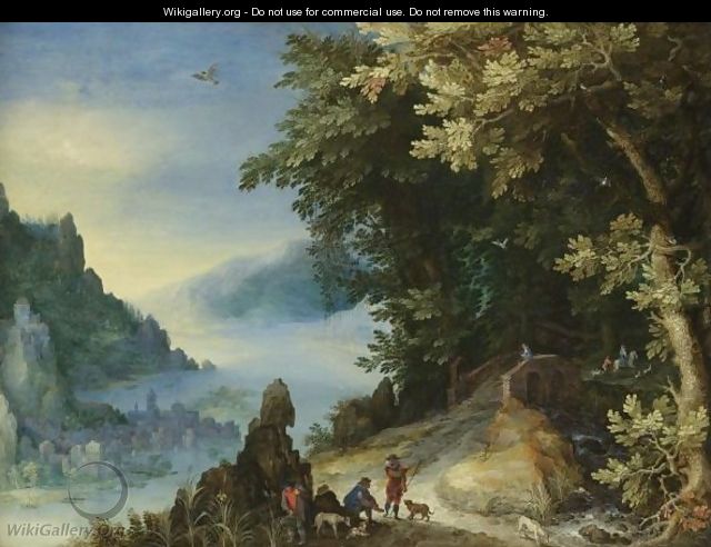 A Mountainous River Landscape With Travellers On A Hill Overlooking A Distant Town - Jan The Elder Brueghel