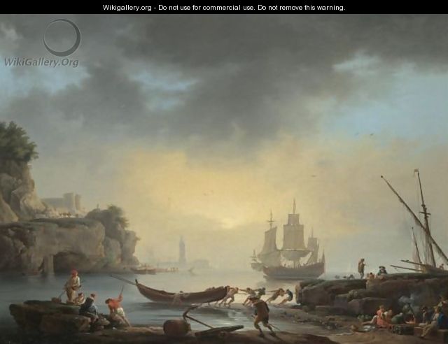 A Mediterranean Coastal Scene With Fishermen Bringing In Their Boats And A Man Of War At Anchor Beyond - Claude-joseph Vernet