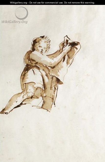 Study Of A Youth Holding Up A Cloak To The Right, Seen From Below - Giovanni Battista Tiepolo