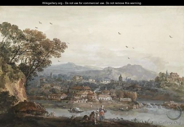 View Of A Town By A River, Figures In The Foreground - Francesco Zuccarelli