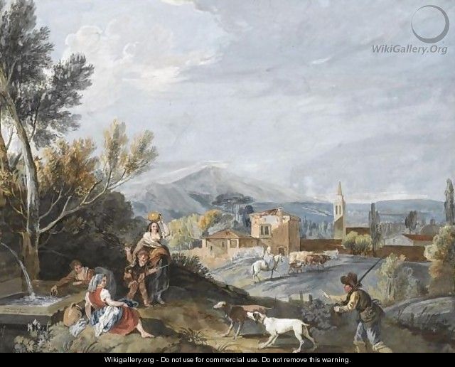 Landscape With Peasants By A Roadside Fountain - Antonio Zucchi