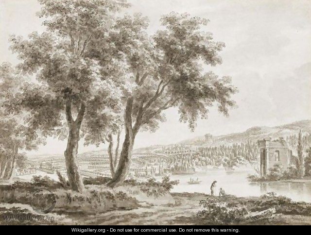 View Across A Landscaped Park, With A Country House To The Left And Figures By A Lake To The Right - Jacques Rigaud