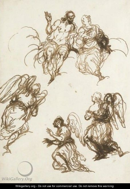 Sheet Of Figure Studies Christ And The Virgin And Three Angels - Alessandro Maganza