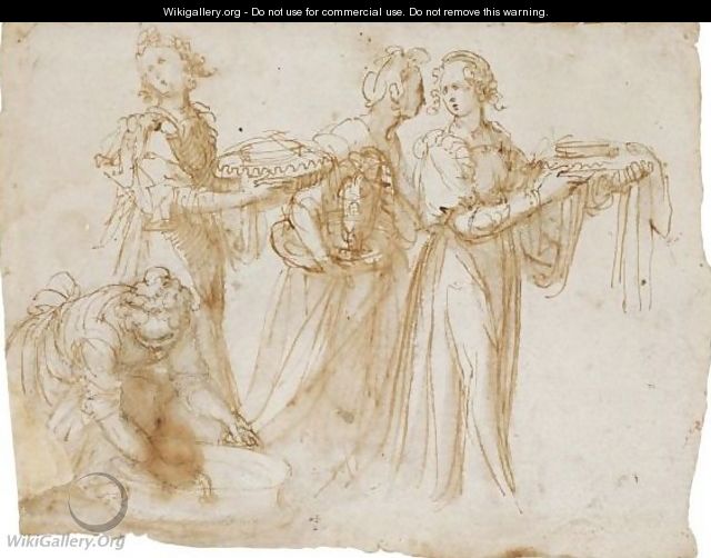 Studies Of Four Women Carrying Vessels At The Scene Of A Birth - Guglielmo Caccia