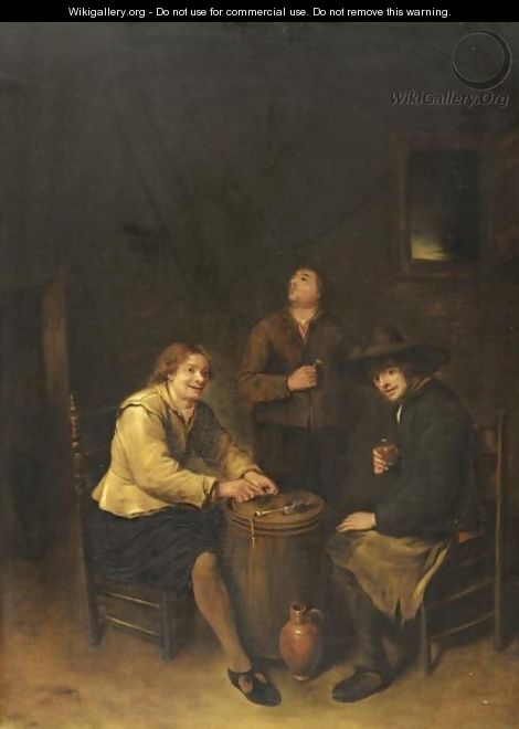 A Tavern Interior With Three Peasants Merry Making - Philips Koninck