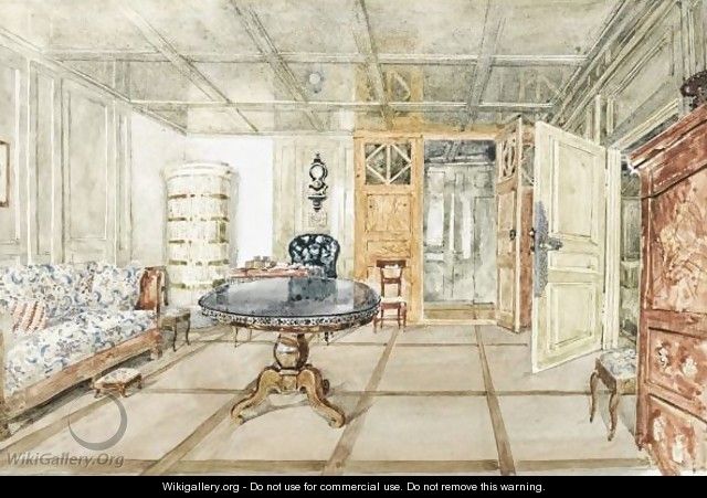 A Northern European Sitting Room With A Central Table And A Ceramic Stove - Continental School