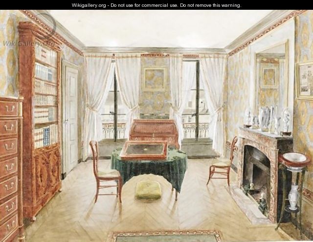 A Late Nineteenth Century French Interior With A Central Table, A Writing Slope, A Bookcase To The Left, And A Semainier - French School
