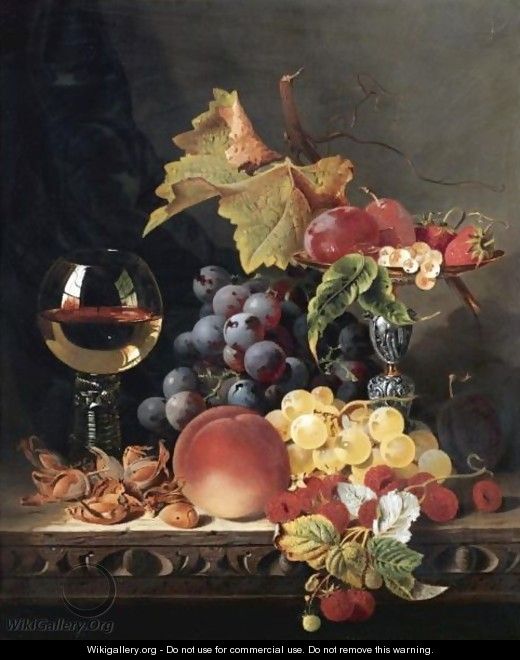 Still Life With A Wine Goblet And Silver Tazza, Grapes, Berries, Plums And Hazlenuts - Edward Ladell