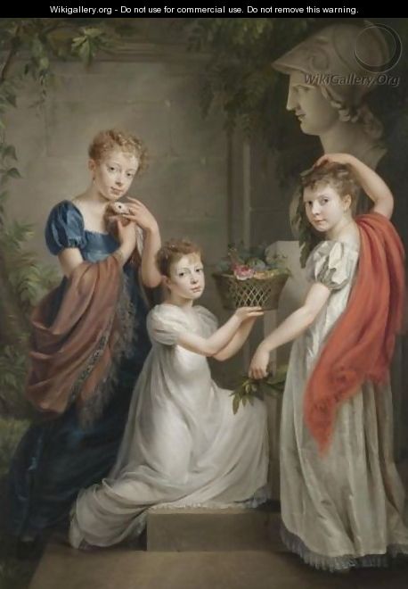 Portrait Of Three Young Girls In A Garden, One Holding A Basket Of Flowers - French School
