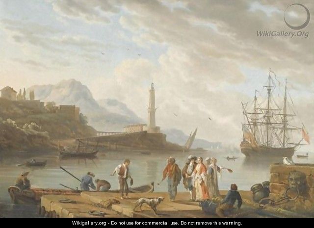 A Mediterranean Harbour Scene With Figures Conversing In The Foreground - (after) Charles Francois Lacroix De Marseille