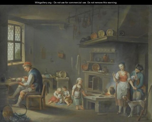 A Kitchen Interior With A Peasant And A Huntsmen - (after) Justus Juncker