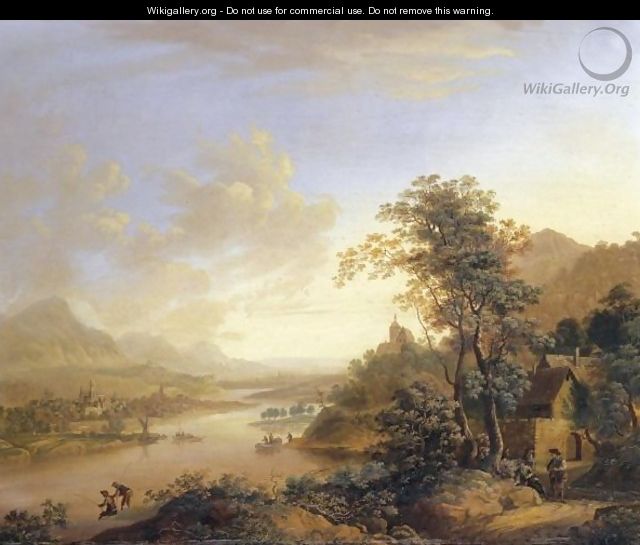 A River Landscape With Settlements On Both Banks And Fishermen - (after) Christian Georg II Schutz Or Schuz