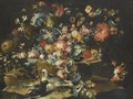 A Still With Various Flowers In A Basket, Together With Two Doves In Landscape - Francesco Guardi