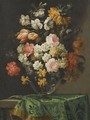 A Still Life Of Flowers In Glass Vase On A Ledge Draped With A Green Embroidered Cloth - North-Italian School