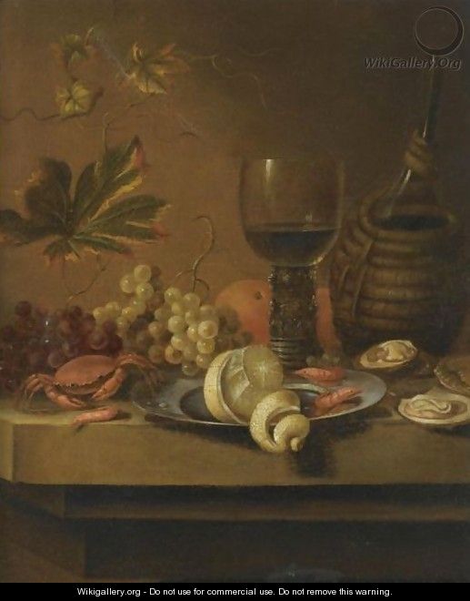 A Still Life With A Peeled Lemon On Pewter Plate With Oranges, Prawns, Oysters, A Crab - Dirck Sauts