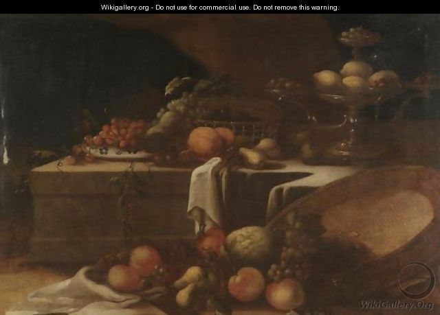A Still Life With Pears, Apples, Grapes, Cherries, Lemons And Walnuts With Baskets On A Stone Ledge - German School