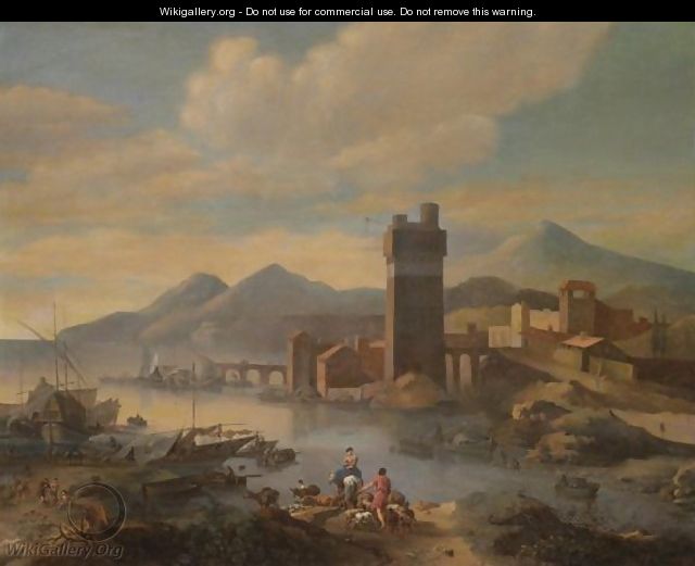 An Estuary Scene With Drovers And A Classicising Town Beyond - (after) Nicolaes Berchem