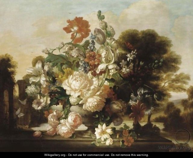 Still Life Of Flowers On A Plinth - Dutch School