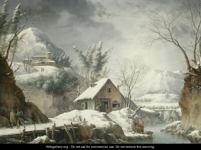 A Mountainous Winter Landscape With Figures Collecting Water From A Stream - Francesco Foschi