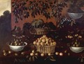 Still Life Of Apples, Plums, Figs And Blackberries In Wicker Baskets And Porcelain Bowls - Francisco Barrera