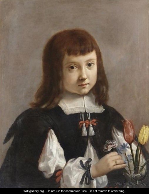 Portrait Of A Young Boy, Half Length, Arranging Flowers In A Vase - Elisabetta Sirani