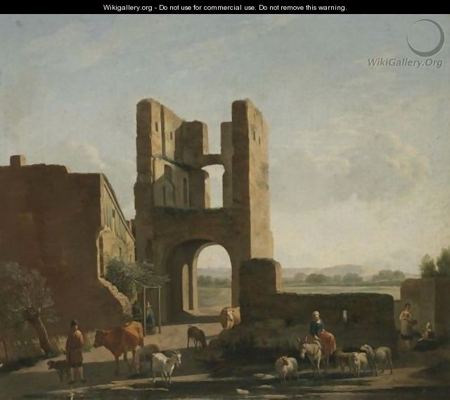 Italianate Landscape With Herdsmen And Women With Sheep, Goats And Cows Grazing Beneath A Ruined Gate Tower - Gerrit Adriaensz Berckheyde