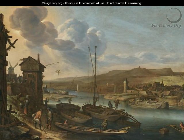 A Rhenish River Landscape With Figures Unloading Boats At The Quayside - Herman Saftleven