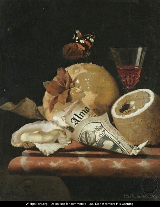 A Still Life With A Quince, A Lemon, An Oyster, A Partly Rolled-Up Leaflet And A Wine Glass - Marten Nellius