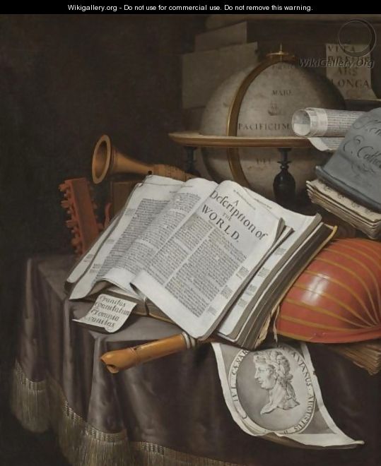 A Vanitas Still Life With A Globe And An Atlas Open On Draped Table Along With A Lute And An Engraving Of Caesar Octavianus Augustus - Edwart Collier