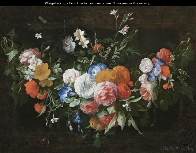 A Swag Of Flowers, Including Roses And Morning Glory - Hieronymus Galle I