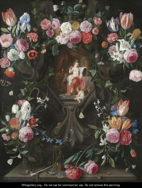 A Garland Of Flowers, Including Irises, Parrot Tulips And Roses, Surrounding A Stone Niche Inset With A Vanitas Scene - Jan van Kessel