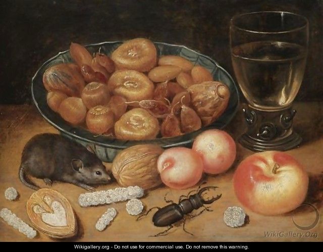 Still Life Of Chestnuts And Hazelnuts In A Porcelain Bowl, A Roemer, An Apple, Apricots, A Beetle And A Mouse - (after) Georg Flegel