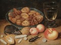 Still Life Of Chestnuts And Hazelnuts In A Porcelain Bowl, A Roemer, An Apple, Apricots, A Beetle And A Mouse - (after) Georg Flegel