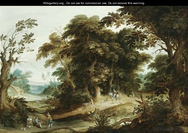 A Wooded Landscape With A Poultry-Seller, Travellers And Dogs On A Path Beyond - Alexander Keirinckx