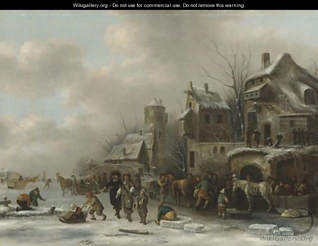 Winter Landscape With Two Gentleman And Peasants On A Frozen River By A Village - Claes Molenaar (see Molenaer)