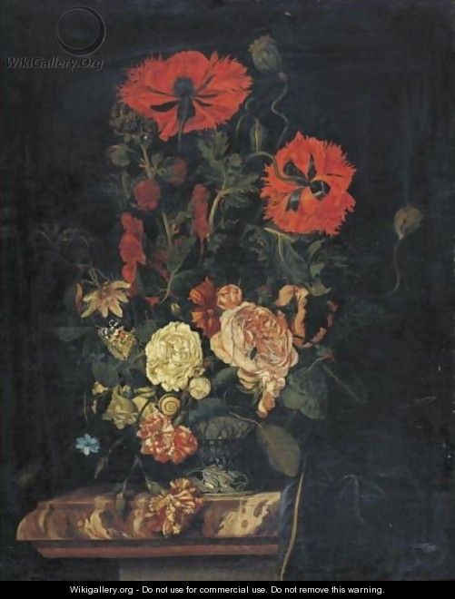 Still Life With Poppies, Roses, Carnations And Other Flowers In A Vase Resting On A Marble-Top Table - Nicolaes Lachtropius