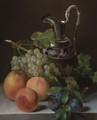 Still Life Of Peaches, Plums, A Bunch Of Grapes And An Empire Silver Water Pitcher All Resting On A Ledge - Francois Lepage