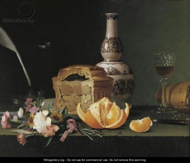 Still Life With A Pie, Orange And Flowers On A Ledge - Pierre Etienne Remillieux