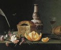 Still Life With A Pie, Orange And Flowers On A Ledge - Pierre Etienne Remillieux