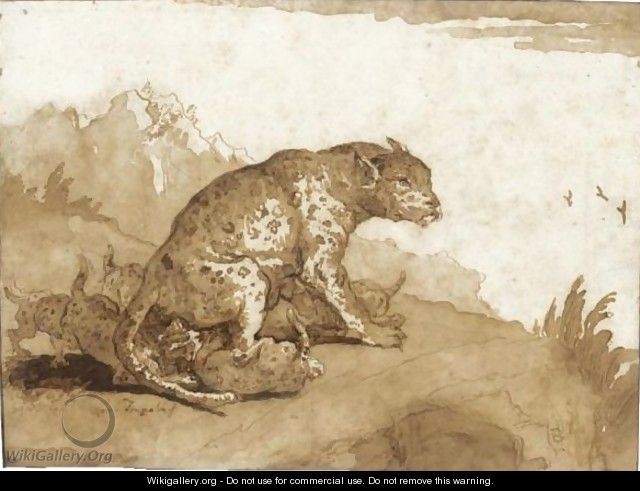 A Leopardess With Her Cubs In A Landscape - Giovanni Domenico Tiepolo